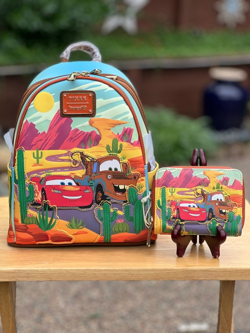 Loungefly Pixar Cars Lightning McQueen Tow Mater Desert Backpack and Wallet NWT